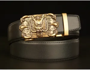 Men's genuine leather belt with a detailed dragon claw auto buckle design for casual wear.