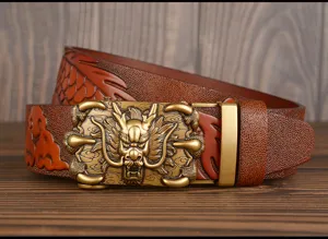 Men's genuine leather belt with cool dragon automatic buckle and embossed vintage style.