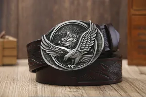 Men vintage genuine leather belt with metallic eagle buckle casual embossed jeans strap