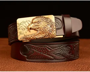 Men genuine leather belt with metallic eagle head auto buckle and embossed vintage strap design.