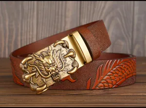 Men's leather belt with retro dragon buckle and embossed scale pattern for daily wear and gift.