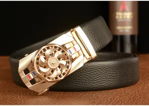Men's luxury leather automatic buckle belt featuring a stylish rotating wheel metal buckle for men.