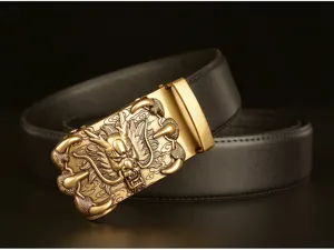 Exquisite brass dragon buckle detail on premium black leather men's belt close-up shot.