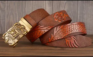 Men's genuine leather belt with embossed dragon pattern and stylish automatic metal buckle.