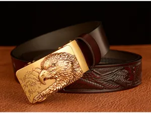 Men's leather belt with metallic eagle buckle and embossed strap design, casual and stylish.