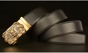 Men's leather belt detail, black cowhide strap featuring a detailed gold dragon claw buckle.