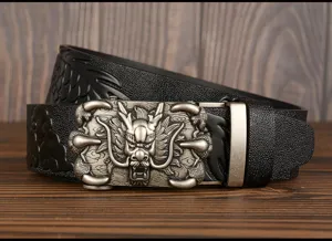 Close-up view of the luxury dragon buckle men's leather belt with embossed strap details.
