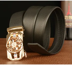 Men's genuine leather ratchet belt with a gold rotating automatic buckle and stylish design.