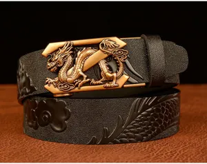 Detailed view of men's genuine leather belt featuring 3D dragon buckle and embossed pattern.