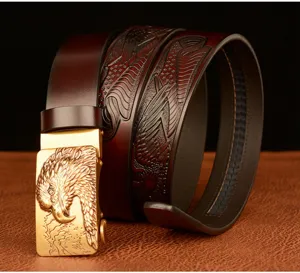 Men's genuine leather automatic belt with stylish golden eagle head buckle and embossed strap.