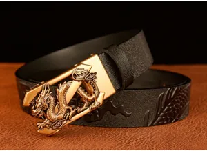Men's leather belt with gold dragon buckle and embossed strap. Detailed craftsmanship shot.