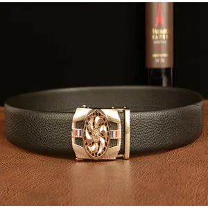 Men's black cowhide leather belt with stylish golden rotating automatic buckle and casual design.