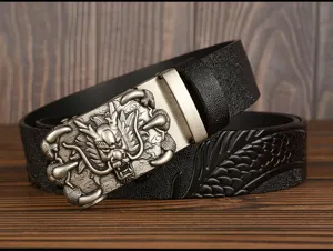 Detailed view of a men's cowhide leather belt featuring an intricate dragon head automatic buckle.