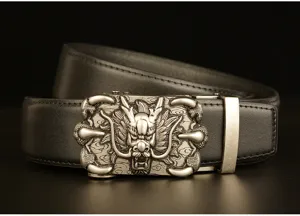 Men genuine leather casual belt with detailed dragon claw automatic buckle detail view.