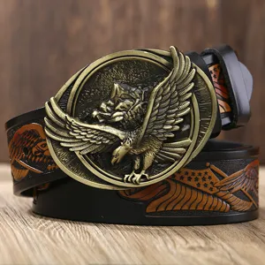 Men's Genuine Leather Casual Belt Vintage Eagle Metal Buckle Carved Cowhide Waistband For Jeans Fashion Accessories