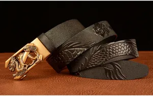 Detailed shot of men leather belt with golden dragon automatic buckle and embossed dragon scale.