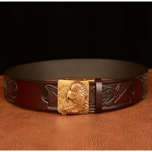Men's genuine leather belt featuring a stylish gold eagle head automatic buckle for jeans wear.