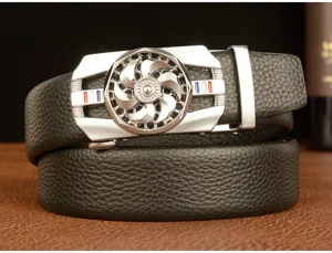 Men's leather belt with metal rotating buckle, premium cowhide casual business accessory detail.