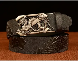 Men's black leather belt with antique silver dragon automatic buckle and embossed scales.