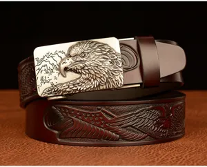 Men's leather belt with eagle head automatic metal buckle and embossed strap for jeans.