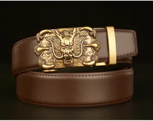 Detailed view of luxury men's leather belt featuring a golden dragon claw automatic buckle.