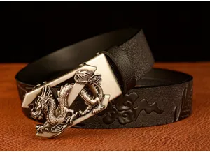 Men leather belt with metallic dragon buckle and embossed strap details, stylish accessory.