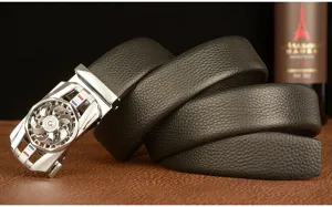 Men leather belt with rotating metal automatic buckle stylish casual business cowhide belt
