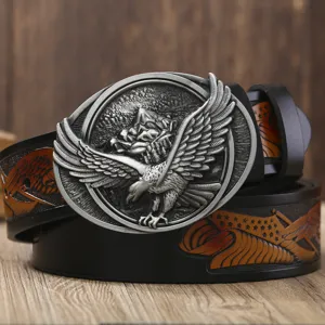 Men's leather belt featuring a detailed metal eagle buckle and vintage embossed strap.