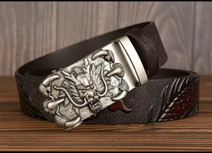 Men's genuine leather automatic buckle belt featuring exquisite 3D dragon head relief design.