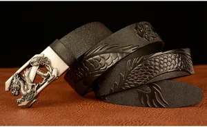 Men's leather belt with embossed dragon pattern and stylish metal dragon buckle.