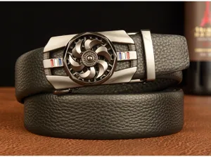 Detailed shot of a men's automatic buckle leather belt with a creative metal rotating turbine design.