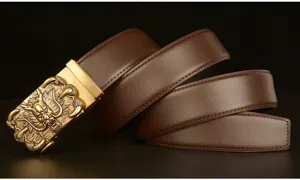 Detailed view of men leather belt with golden dragon automatic buckle casual design.