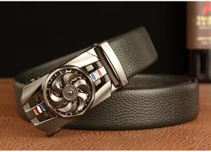 Closeup of men's genuine leather belt featuring automatic rotating metal buckle business casual.