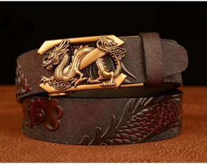 Men leather belt dragon buckle automatic metal buckle embossed vintage style waist strap