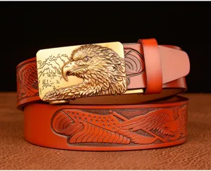 Detailed view of men leather belt featuring embossed eagle motif and metal automatic buckle.
