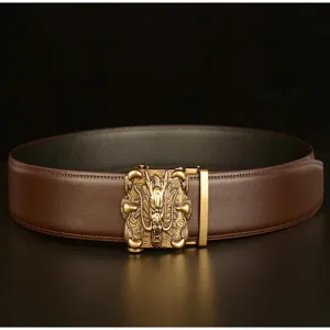 Close-up detail of premium brown leather mens belt featuring a vintage gold dragon automatic buckle.