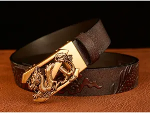 Men's leather automatic buckle belt with 3D dragon metal buckle and embossed strap design.