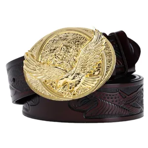 Men leather belt with striking gold eagle buckle and embossed cowhide strap main view