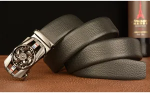 Men's genuine leather automatic ratchet belt with unique mechanical rotary buckle design.