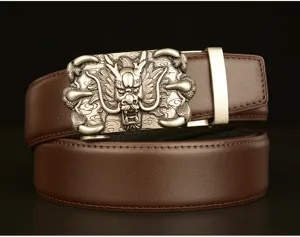 Detailed close-up of the mens leather belt featuring an intricate dragon claw automatic buckle.