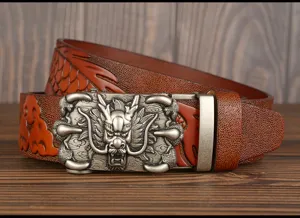 Men leather belt detailed view featuring 3D dragon buckle and embossed scale pattern.