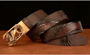 Men brown leather belt with exquisite embossed dragon pattern and gold automatic buckle.