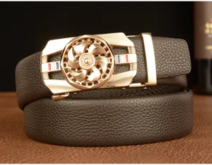 Close-up detail of men's brown leather belt featuring a stylish gold rotating turbine buckle.