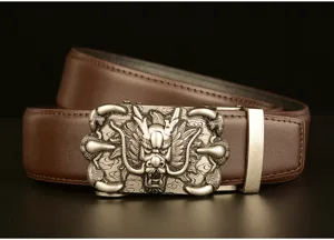 Men leather belt detail showing the detailed vintage dragon claw automatic metal buckle design.