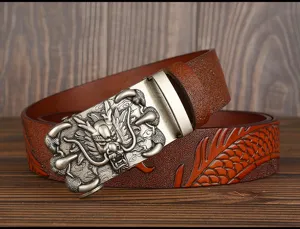 Men's leather belt with retro dragon buckle and embossed scale pattern for stylish wear.