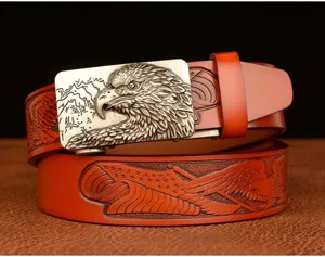 Men leather belt eagle head automatic buckle embossed cowhide strap for casual jeans wear