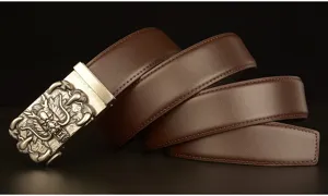 Detailed view of men's brown leather belt featuring an intricate dragon claw metal buckle.