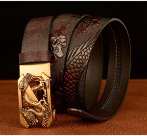 Detailed detail shot of men embossed leather belt with stylish golden dragon buckle.
