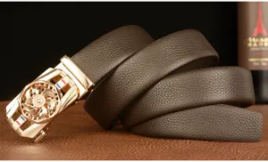 Premium mens leather belt with gold mechanical rotating buckle, genuine cowhide business casual belt.