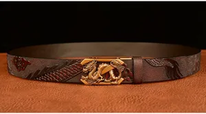 Detailed shot of men leather belt featuring embossed dragon pattern and golden automatic buckle.